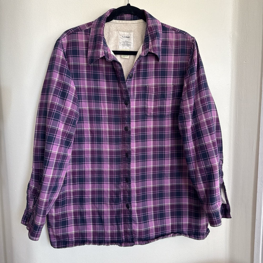 L.L. Bean Purple and Navy Sherpa and flannel shirt jacket. L